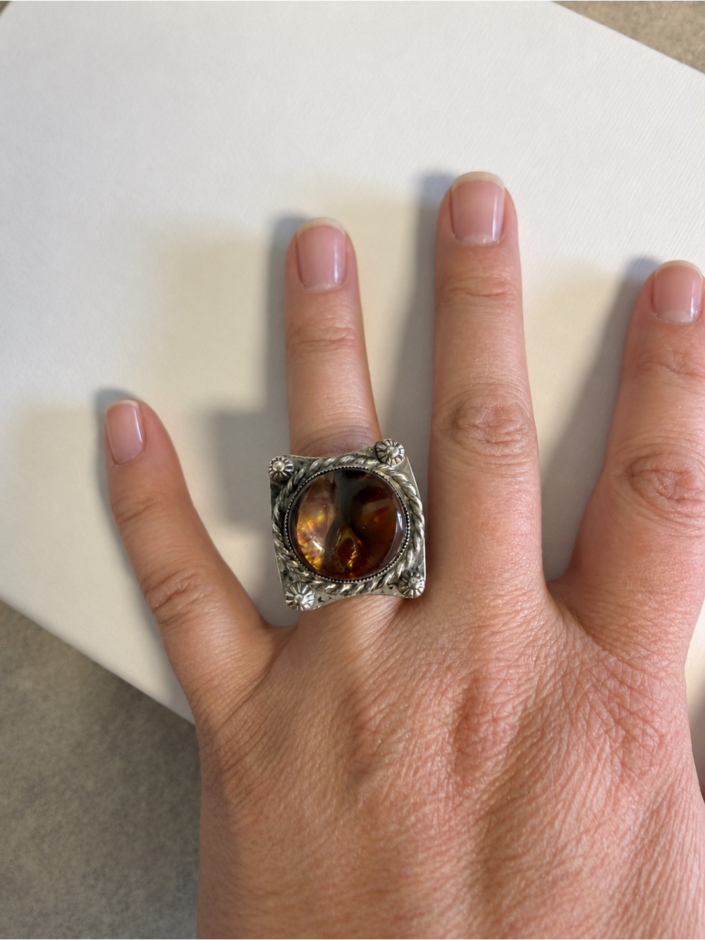 Vintage Sterling Silver Fire Agate Ring Large Artisan Statement Ring Unisex